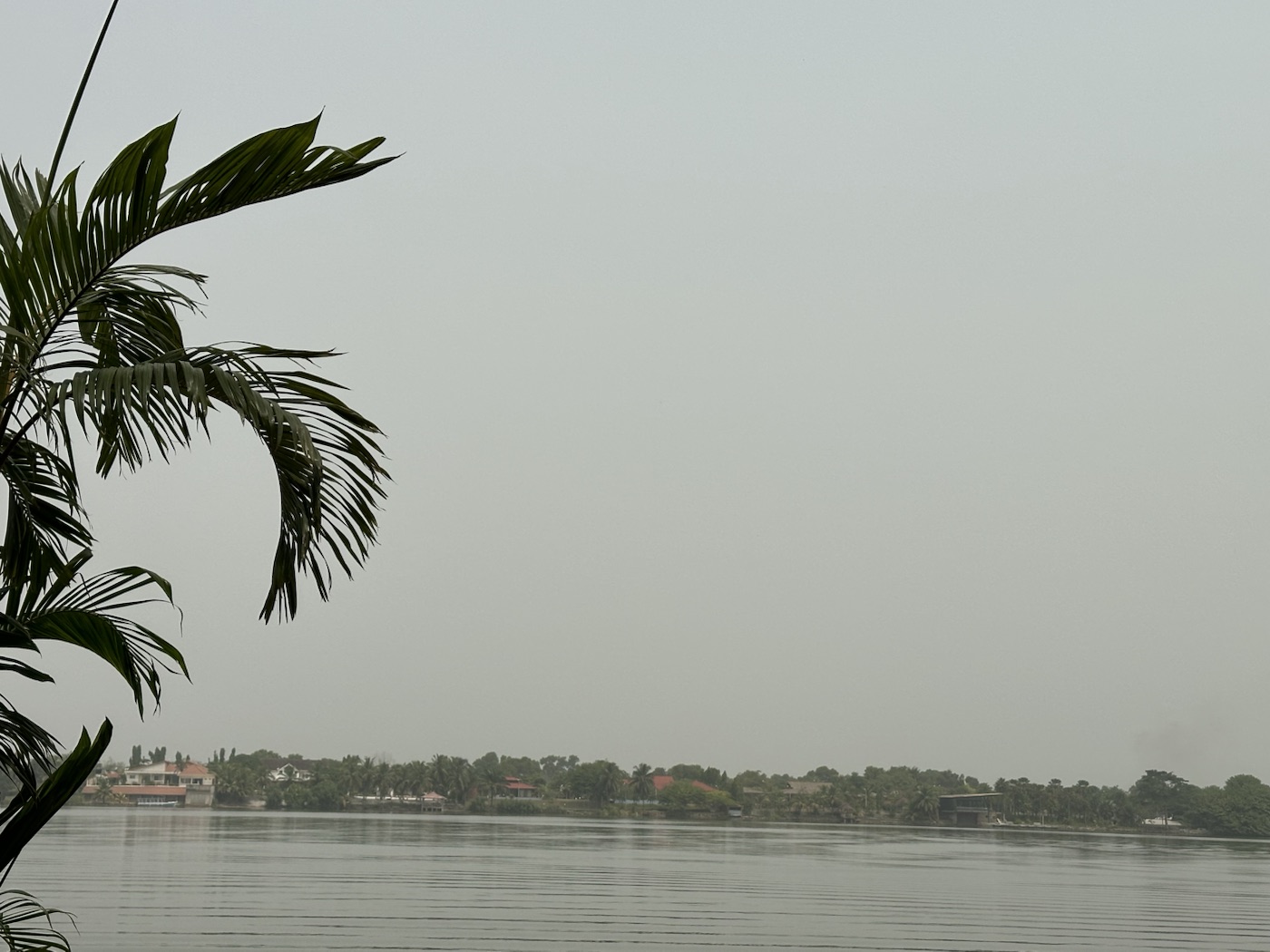 Lagoon bordered by vegetation with distant buildings in West Africa.