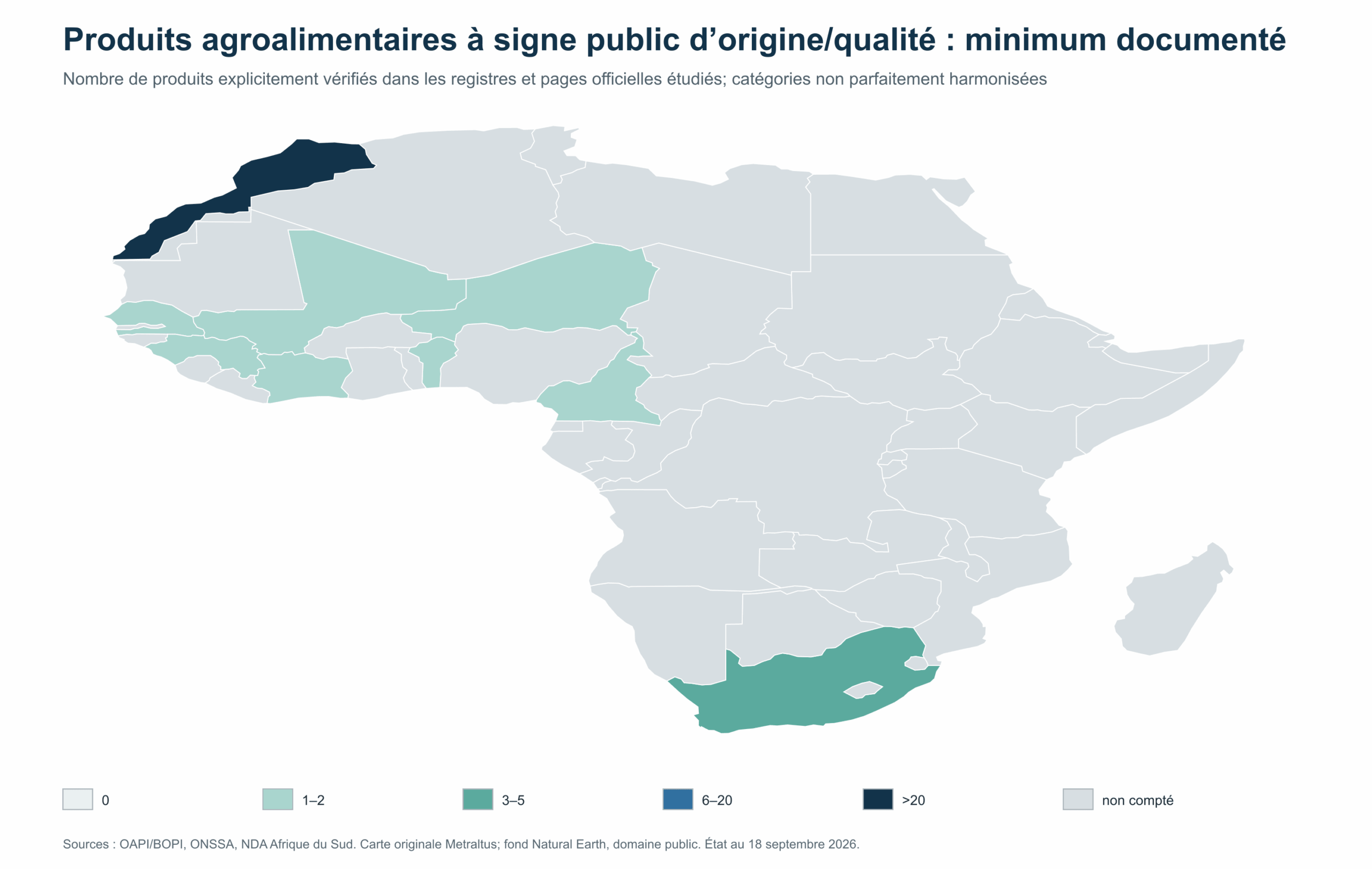 Carte 1 — Minimum documenté de produits agroalimentaires à signe public d’origine ou de qualité. Carte Metraltus, fond Natural Earth (domaine public); données OAPI, ONSSA et NDA.