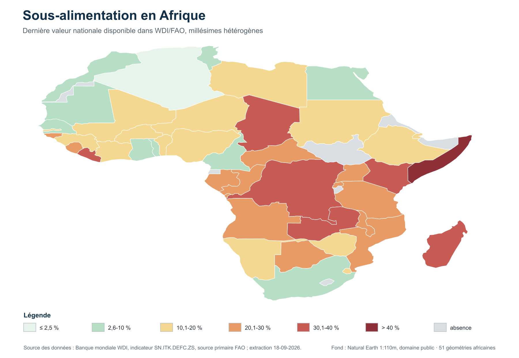 Carte choroplèthe de la prévalence de la sous-alimentation en Afrique selon la dernière valeur nationale disponible.