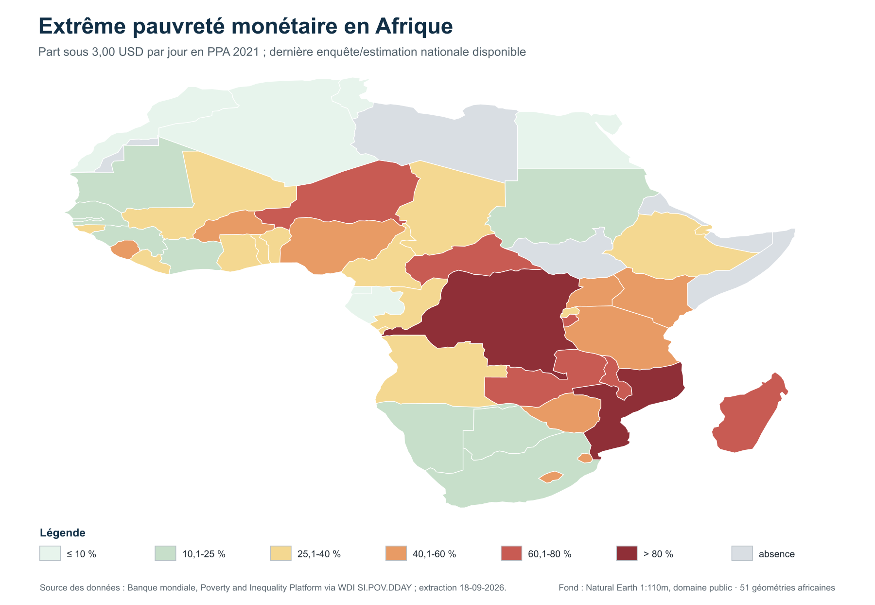 Carte choroplèthe de l’extrême pauvreté en Afrique selon la dernière valeur nationale disponible, avec millésimes hétérogènes.